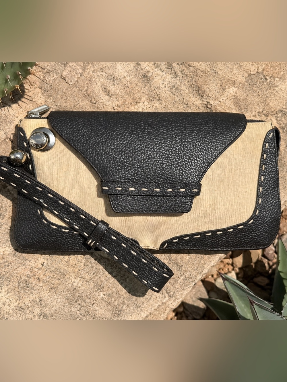 BCBGMAXAZRIA Y2K Leather Canvas Wristlet Clutch Black Cream Whip Stitch Bag